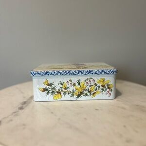 Vintage French Floral Tin Box with Yellow and Blue Accents